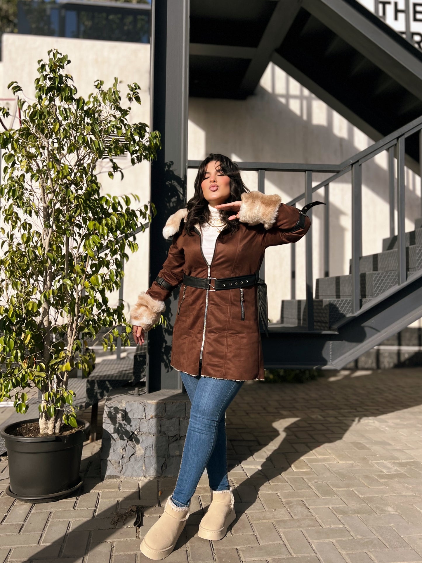 luxury suede fur trim coat