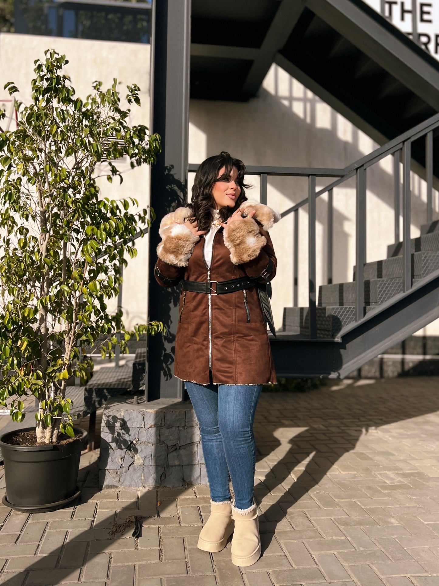 luxury suede fur trim coat