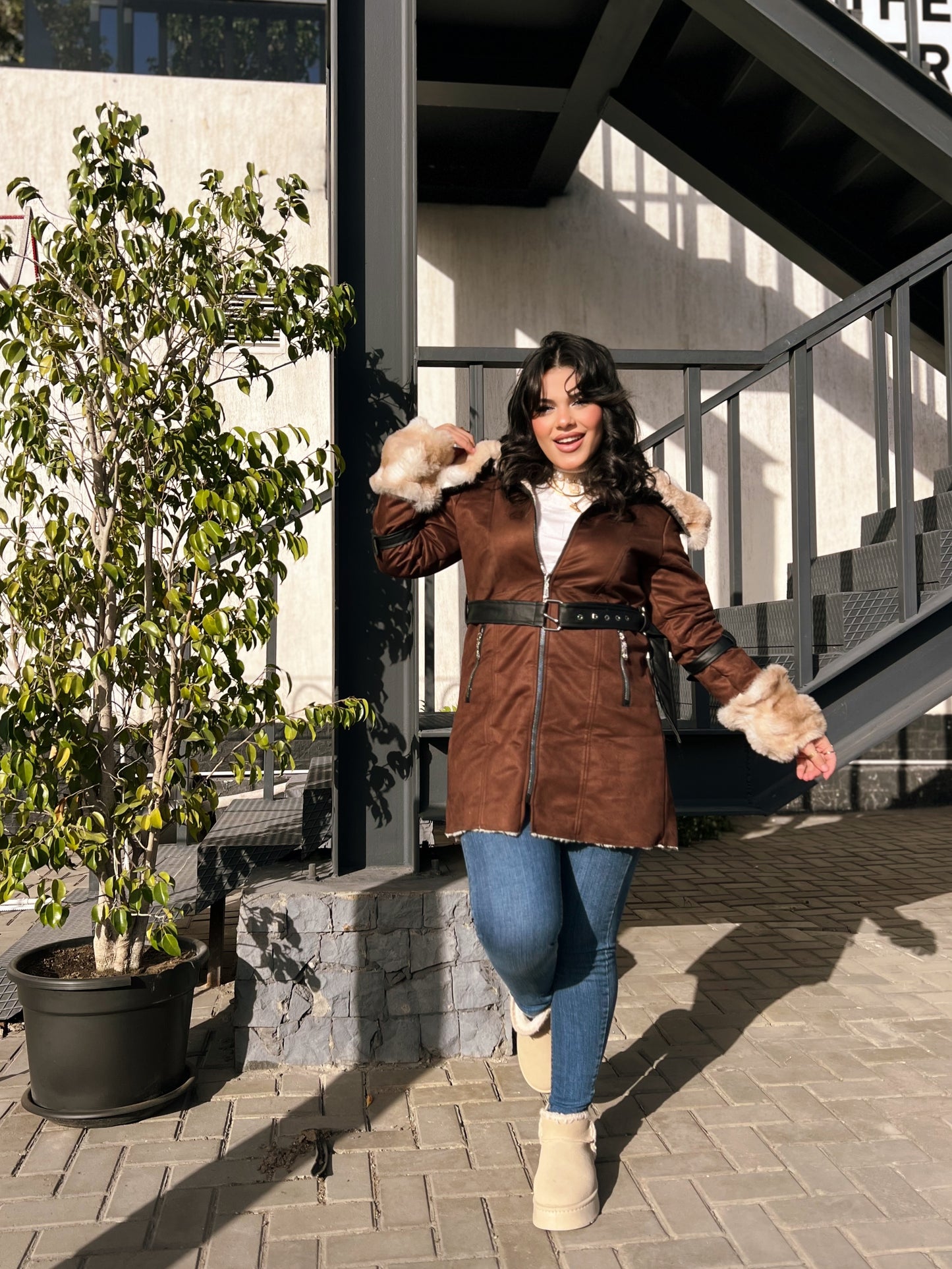 luxury suede fur trim coat