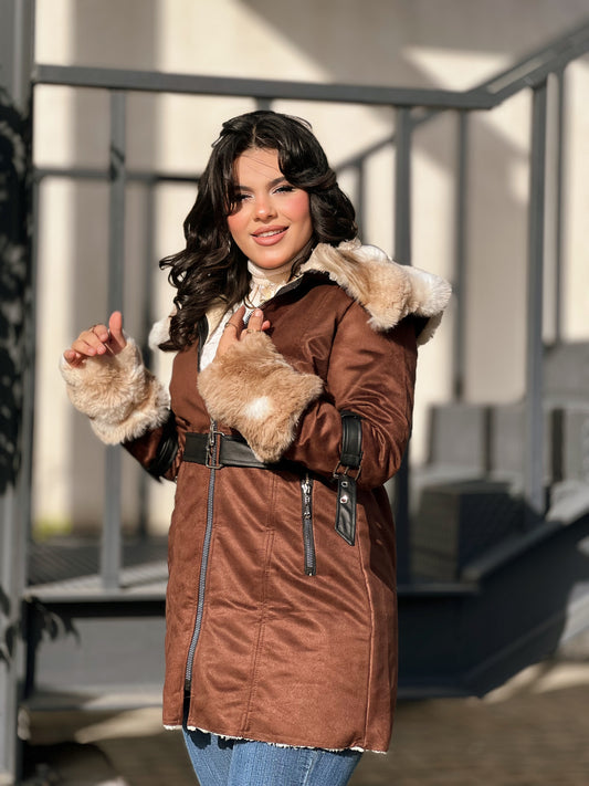 luxury suede fur trim coat