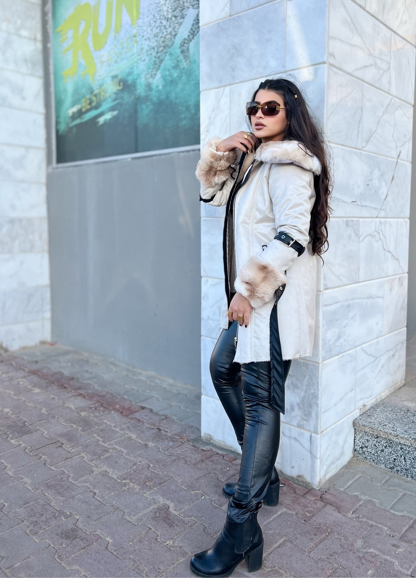 luxury suede fur trim coat