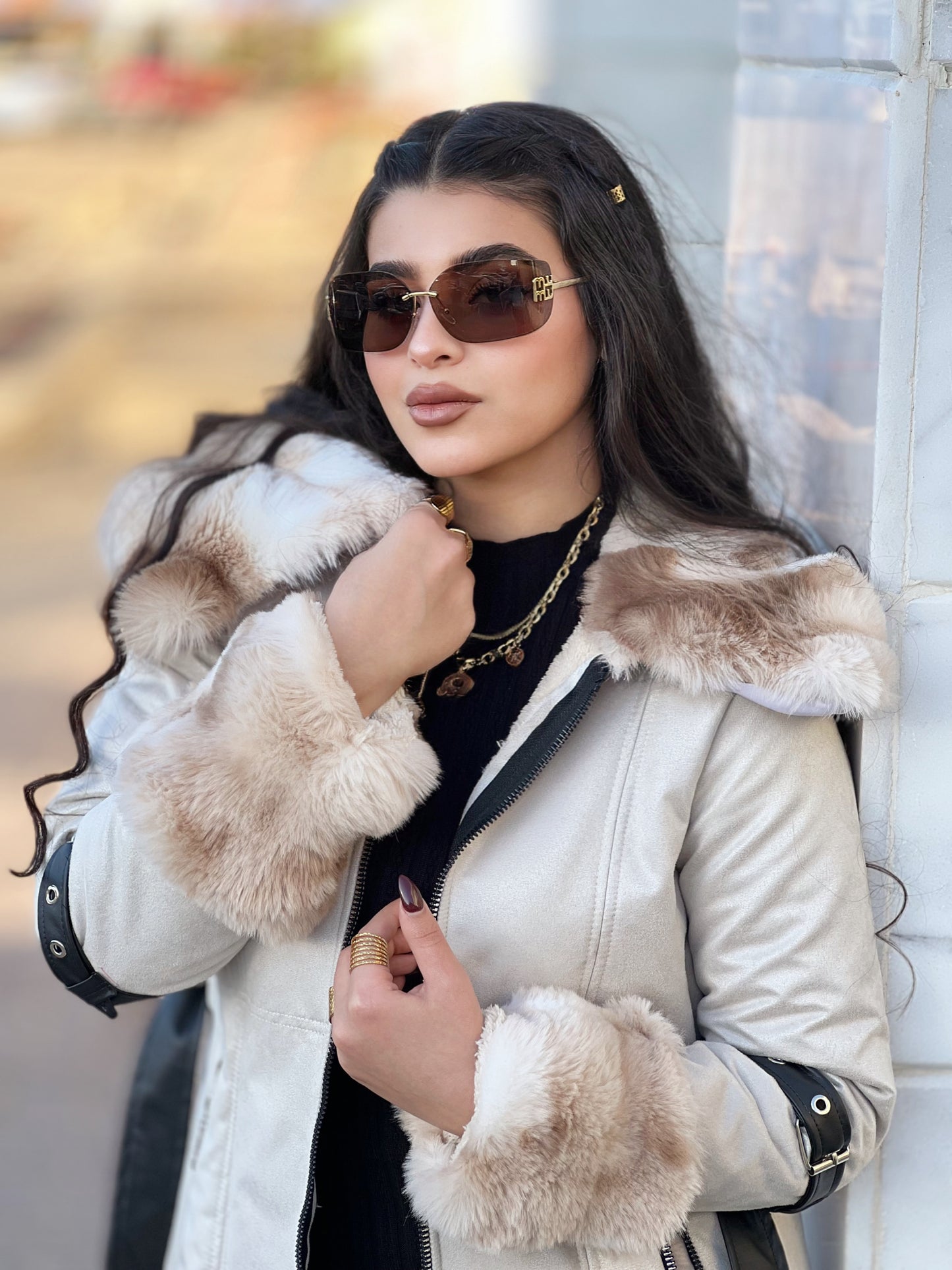 luxury suede fur trim coat