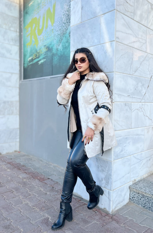 luxury suede fur trim coat