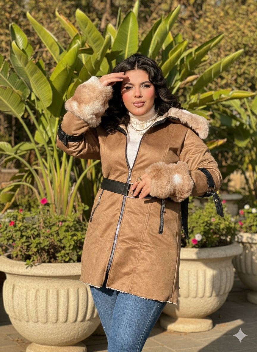 luxury suede fur trim coat
