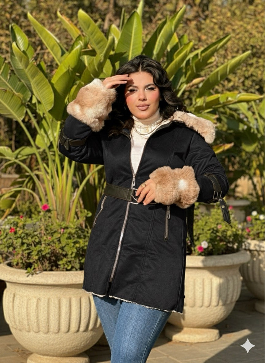 luxury suede fur trim coat